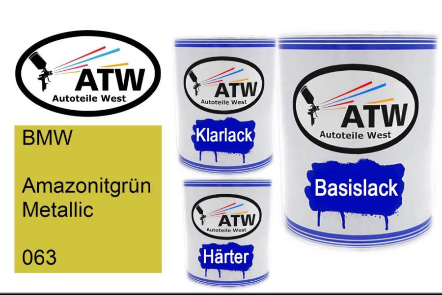 BMW, Amazonitgrün Metallic, 063: 1L Lackdose + 1L Klarlack + 500ml Härter - Set, von ATW Autoteile West.